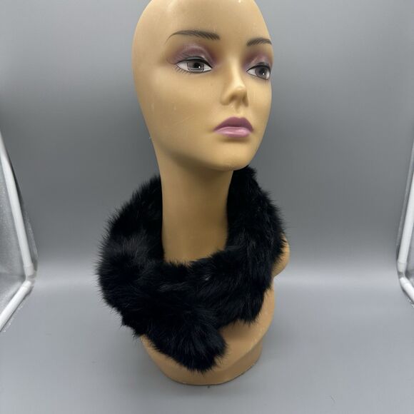 Black Real Fur Neck Scarf Collar Clip Black Retro - Picture 1 of 8